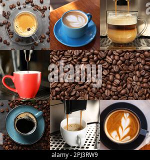 Wunderschöne Collage mit verschiedenen Fotos von aromatischem Kaffee und Bohnen Stockfoto