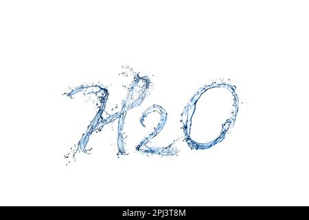 Chemische Formel H2O aus Wasser auf weißem Hintergrund Stockfoto