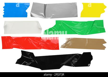 Set mit verschiedenen Klebebändern auf weißem Hintergrund, Draufsicht Stockfoto