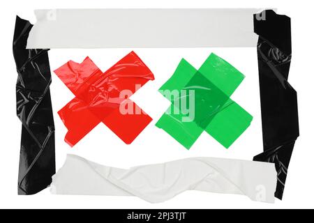Set mit verschiedenen Klebebändern auf weißem Hintergrund, Draufsicht Stockfoto