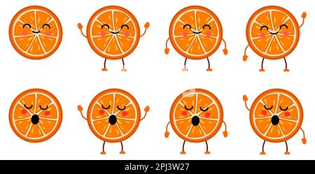 Süße kawaii Stil Orange Zitrusfrucht Ikone, Augen geschlossen, lächelnd. Version mit erhobenen, abgesenkten und winkenden Händen Stock Vektor