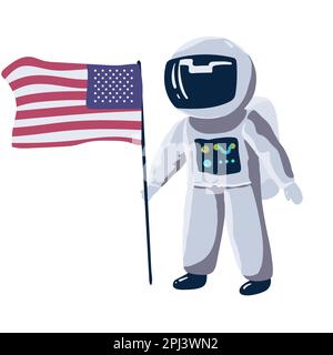 Der süße kleine Astronaut steht auf dem Mond mit der US-Flagge. Weltraummission. Darstellung eines kindlichen Vektors, Stock Vektor