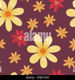 Nahtloses Vintage-Blumenmuster. Durchgehender Aufdruck mit roten und gelben Blumen. Handgezeichnete, strukturierte Blumen auf dunkelrotem Hintergrund Stockfoto