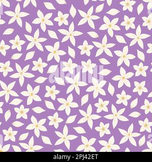 Nahtloses Muster mit Frühlingsblumen. Weiße winzige handgezeichnete Blumen auf lila Hintergrund. Modische Illustration Stockfoto