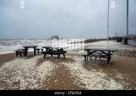 Brighton UK 31. März 2023 - Brighton Beach ist heute Morgen mit Meeresschaum bedeckt, als Storm Mathis die Südküste heute mit Winden besticht, die in einigen Gebieten voraussichtlich 70mph km erreichen werden : Credit Simon Dack / Alamy Live News Stockfoto