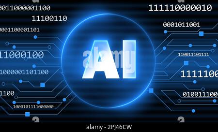 Konzept der Visualisierung künstlicher Intelligenz - AI-Buchstaben in einem Ring auf binärem Code-Hintergrund in blauem Design - 3D Abbildung Stockfoto