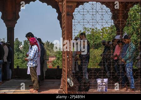 New Delhi, Delhi, Indien. 31. März 2023. Muslimische Anhänger beten am Freitag während des heiligen Fastenmonats des Ramadan in Jama Masjid, in den alten Vierteln von Neu-Delhi, Indien, am 31. März 2023. (Kreditbild: © Kabir Jhangiani/ZUMA Press Wire) NUR REDAKTIONELLE VERWENDUNG! Nicht für den kommerziellen GEBRAUCH! Stockfoto