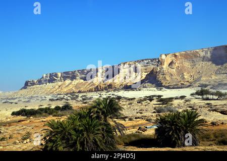 Oman: Zerklüftete Kalksteinlandschaft des Wadi Shuwaymiyah mit seinem langen Steilhang. Stockfoto