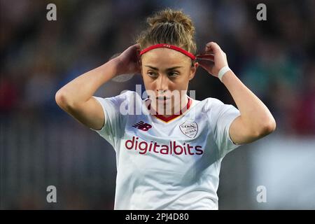 Barcelona, Spanien. 29/03/2023, Benedetta Glionna von AS Roma während des UEFA Womens Champions League-Spiels, Viertelfinale, 2. Etappe zwischen FC Barcelona und V als Roma am 29. März 2023 im Spotify Camp Nou Stadium in Barcelona, Spanien. (Foto: Bagu Blanco / PRESSIN) Stockfoto