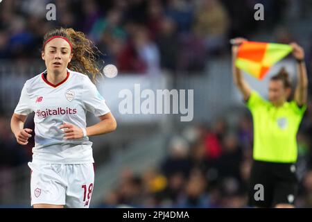 Barcelona, Spanien. 29/03/2023, Benedetta Glionna von AS Roma während des UEFA Womens Champions League-Spiels, Viertelfinale, 2. Etappe zwischen FC Barcelona und V als Roma am 29. März 2023 im Spotify Camp Nou Stadium in Barcelona, Spanien. (Foto: Bagu Blanco / PRESSIN) Stockfoto