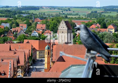 Deutschland, Bayern, Mittelfranken, Dinkelsbühl: Blick vom Turm von St. Georges Münster mit dem Rothenburger Tor-Turm und dem gelben Turm des Krankenhauses Stockfoto
