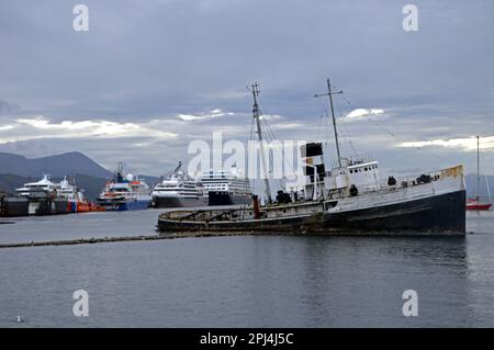 Argentinien, Tierra del Fuego, Ushuaia: Wrack of the St. Christopher im Hafen. Sie wurde als ATR-1-Rettungsschlepper in den USA gebaut und diente Stockfoto