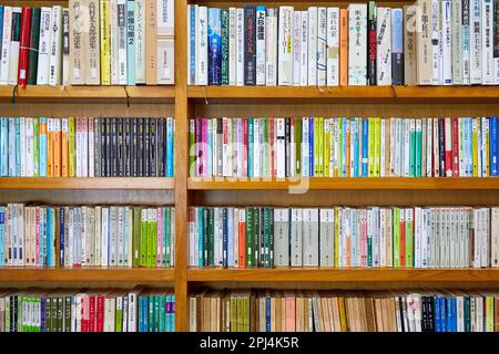 Japanische Bücher in Regalen in einem antiken Buchladen in Tokio, Japan Stockfoto