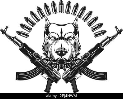 Wütender Hundekopf mit gekreuzten Sturmgewehren. Designelement für Poster, Emblem, Schild. Vektordarstellung Stock Vektor