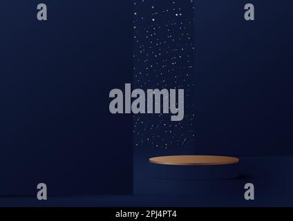 3D realistischer, luxuriöser Podiumständer in Blau und Glod mit Trennwand auf abstrakten, vielen goldenen Punkten, glitzernden Partikeln auf dunkelblauem Hintergrund. Sie können uns Stock Vektor