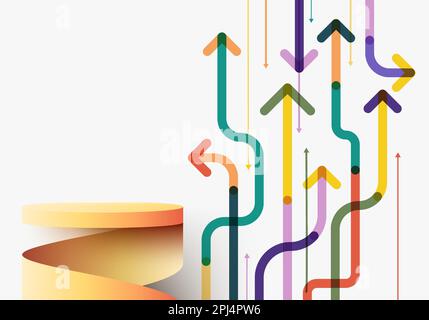 3D realistisches leeres gelbes Podiumständer Spiralband mit Pfeilrichtung diagonal farbenfrohe Überlappung auf weißem Hintergrund. Sie können für verwenden Stock Vektor