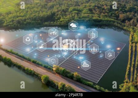 Konzept der Verringerung der Kohlendioxidemissionen in Atmosphäre, Umwelt, Gesellschaft und nachhaltiger industrieller Governance. Auf grünem Hintergrund Stockfoto