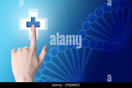 Frau drückt virtuellen erste-Hilfe-Knopf auf blauem Hintergrund, Nahaufnahme. Notfallhilfe Stockfoto