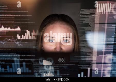 Frauen-, Dashboard- und Datenanalyse, Codierung und Informationstechnologie mit digitaler Überlagerung und Börsenstatistiken. Handel, IT und Fintech Stockfoto