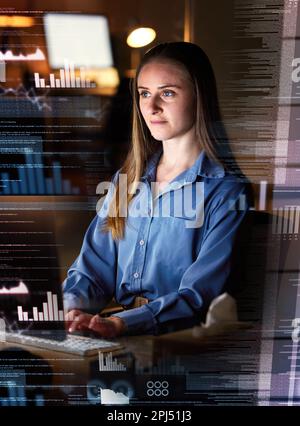 Frau am Schreibtisch, Dashboard- und Datenanalyse, Codierung und digitale Überlagerung, Börsenstatistiken und Technologieabstraktion. Handel, IT und Fintech Stockfoto
