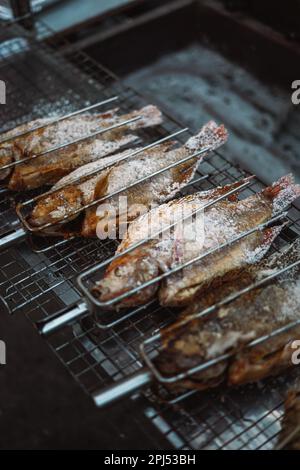 Eine Auswahl an frisch gefangenem Fisch wird perfekt auf einem Barbecue-Grill im Freien zubereitet Stockfoto