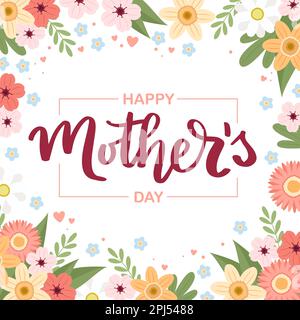 Muttertag-Banner mit Blumen, Grußkartenvorlage, Vektorbild mit handgezeichneten Buchstaben Stock Vektor