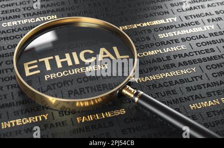 Lupe über Wörterwolke mit dem Text Ethical Producrement. Schwarzer Hintergrund und goldene Buchstaben. Stockfoto