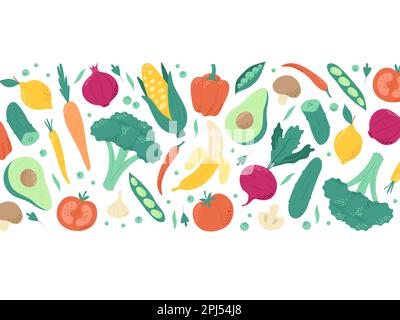 Obst und Gemüse, eine Auswahl an gesunden vegetarischen oder veganen Speisen. Handgezeichnete Vektordarstellung im trendigen minimalistischen Stil Stock Vektor