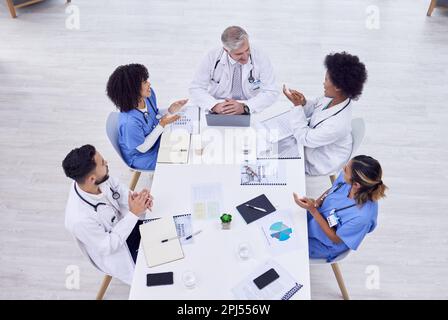Ärzte, Krankenschwestern oder Klatschen in Krankenhausbesprechungen, Teamwork Training Erfolg oder medizinische Innovation in der Draufsicht. Lächeln, glücklich oder Beifall Stockfoto