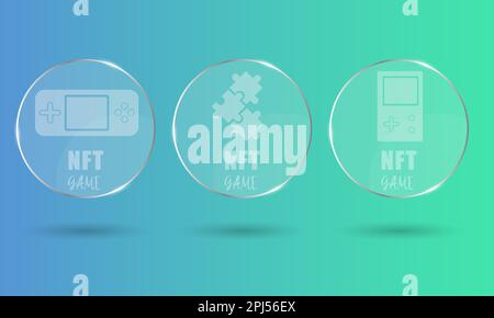 3D NFT-Token rund transparente Karten in der Kryptografie. NFT-Karten mit Spiel. Ein nicht fungierbares Token mit Informationen aus der Blockkette. ERC20. Vektor Stock Vektor