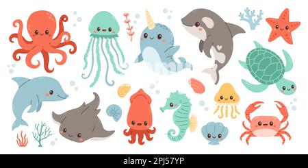 Set mit handgezeichneten Meereslebewesen. Vector Doodle Cartoon-Set mit Meereslebewesen für dein Design. Stock Vektor