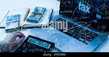 Schüler oder Lehrer mit mathematischen und wissenschaftlichen Formeln. Bildungskonzepte. Symbole und Gleichungen auf einer virtuellen Schnittstelle. Doppelte Belichtung Stockfoto