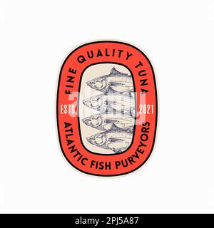 Hochwertige Thunfischlieferanten. Abstraktes Vektorzeichen, Symbol, Logovorlage. Handgezeichneter Fisch mit Typografie. Farbenfrohes Vektorzeichen Isoliert Stock Vektor