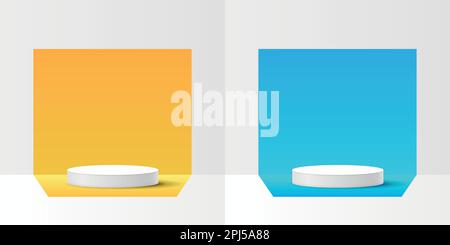 Der gelbe und blaue Zylinder stehen auf dem Podium in flachem Stil. Modellprodukt zeigt Vektordarstellung auf isoliertem Hintergrund an. Bühne für den Showcase Stock Vektor