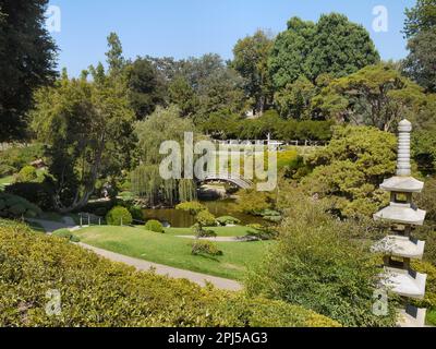 Japanischer Garten mit Pagodenstatue und zentraler Mondbrücke im Huntington Botanical Gardens, San Marino Stockfoto