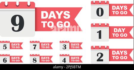 0, 1, 2, 3, 4, Symbol für 5, 6, 7, 8, 9 verbleibende Tage in flacher Ausführung. Bieten Sie eine Vektordarstellung für die Countdown-Datumsangaben auf isoliertem Hintergrund an. Zeit für Sonderangebote Stock Vektor