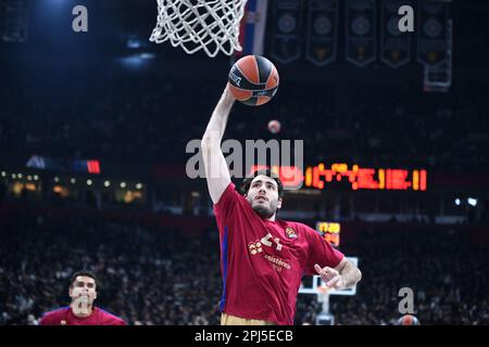 Belgrad, Serbien, 28. März 2023. Alex Abrines vom FC Barcelona erwärmt sich während des EuroLeague-Spiels der Turkish Airlines 2022/2023 zwischen Partizan Mozzart Bet Belgrad und dem FC Barcelona in der stark Arena in Belgrad, Serbien. 28. März 2023. Kredit: Nikola Krstic/Alamy Stockfoto