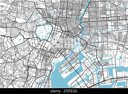 Schwarzweiß-Vektorkarte von Tokio mit gut organisierten getrennten Schichten. Stock Vektor