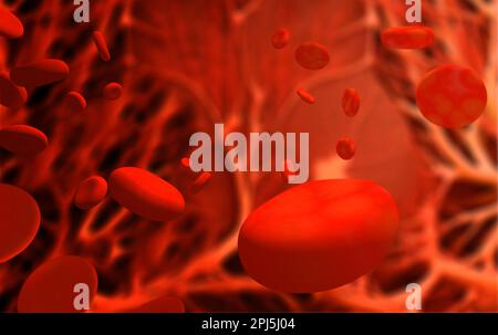Viele rote Erythrozyten in einer Arterie. Horizontaler Hintergrund mit rotem Eritrosit im Blutkreislauf. In den Blutgefäßen zirkulierende rote Blutkörperchen. 3D-Rendern Stockfoto