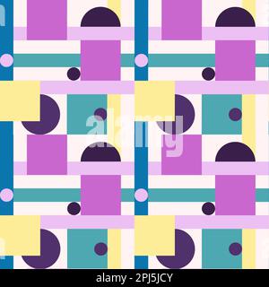 Handgezeichnetes nahtloses Muster im abstrakten geometrischen Stil, violett-blau türkisgelb Formen quadratische Linien Kreise. Modernes bauhaus-Motiv aus der Mitte des Jahrhunderts, Tapetendekor mit 60s 70s-Pfosten, farbenfrohes helles Design im memphis-Ornament Stockfoto