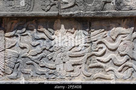 Bas-Relief-Schnitzereien mit indischen Kriegern und Schlangen, präkolumbianischer Maya-Zivilisation, Chichen Itza, Yucatan, Mexiko. UNESCO-Weltkulturerbe Stockfoto