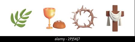 Niedliche 3D Ikone Ostern detaillierter grüner Palmenzweig, Dornenkrone, Eucharistisches Brot und Weinreben- und Holzkreuz mit weißem Tuch. Illustration Stockfoto