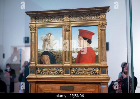 Diptych von Federico da Montefeltro und Battista Sforza von Piero della Francesca (1473-75) in den Uffizien in Florenz Stockfoto