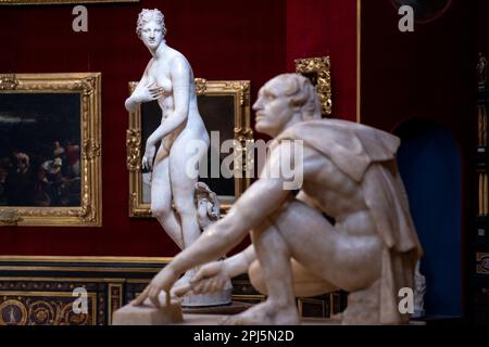 Tribuna, ein achteckiger Raum in den Uffizien mit Kunstwerken aus der Medici-Sammlung, darunter die Medici Venus, die Uffizien und Florenz Stockfoto