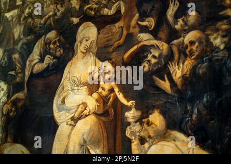 Leonardo da Vincis unvollendetes Gemälde „die Adoration der Magi“ (1481) wurde kürzlich restauriert und ist in den Uffizien in Florenz ausgestellt Stockfoto