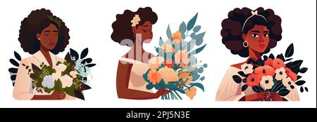 Stelle ein Vektorbild einer glücklichen Frau auf, die bereit ist, eine Ehefrau zu werden, mit Blumen in isolierten Händen Stock Vektor