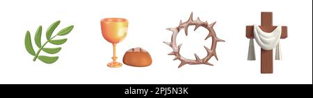 Niedliche 3D Ikone Ostern detaillierter grüner Palmenzweig, Dornenkrone, Eucharistisches Brot und Weinreben- und Holzkreuz mit weißem Tuch. Illustration Stockfoto