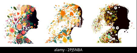 Vektordarstellung des Kopfes einer glücklichen Frau mit isoliertem Blumenhaar Stock Vektor