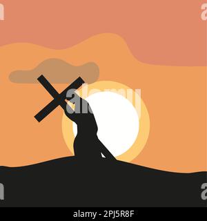 Jesus trägt das Kreuz auf seinen Schultern bei Sonnenuntergang. Vektordarstellung Stock Vektor