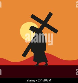 Jesus trägt das Kreuz auf seinen Schultern bei Sonnenuntergang Stock Vektor